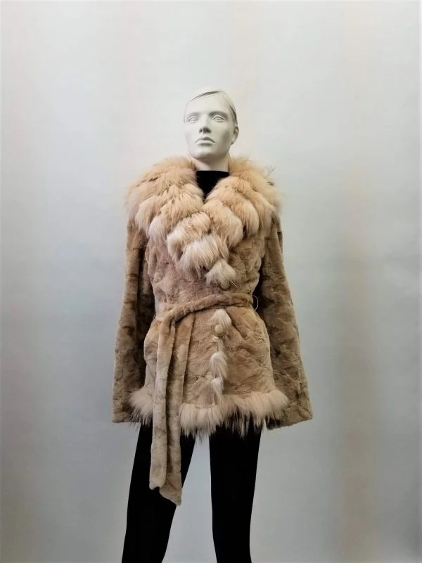Samuel Fourrures - Beige shaved mink oval jacket with fox and belt - 8166 -