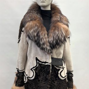 Samuel Fourrures - Jacket de castor rasé off white et swakara brun avec col et poignets de renard Crystal - 8245 - Fourrure