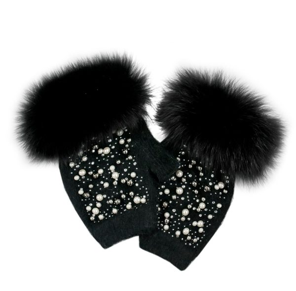 mitchie's women's woolen gloves beaded and trimmed with fox fur