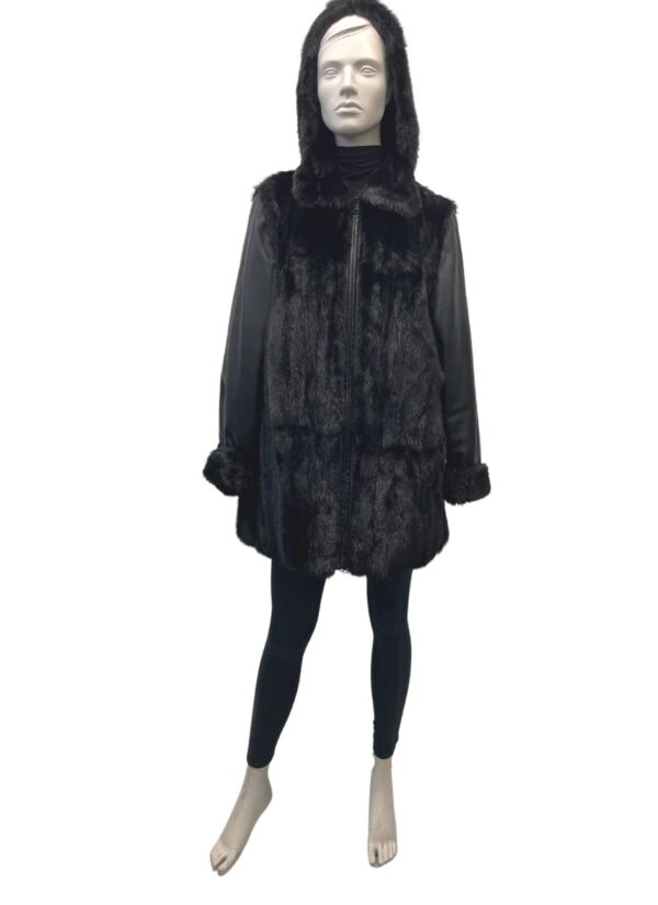 mink coat with leather sleeves and detachable hood 8426