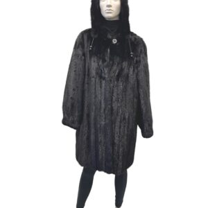 manteau de vison noir split et capuchon détachable 8433