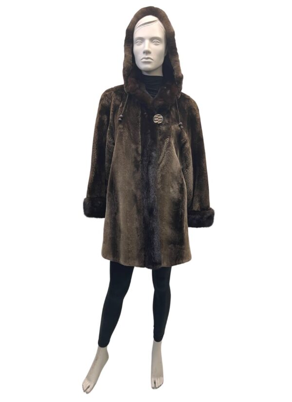 shaved beaver coat with mink trim and hood 8447