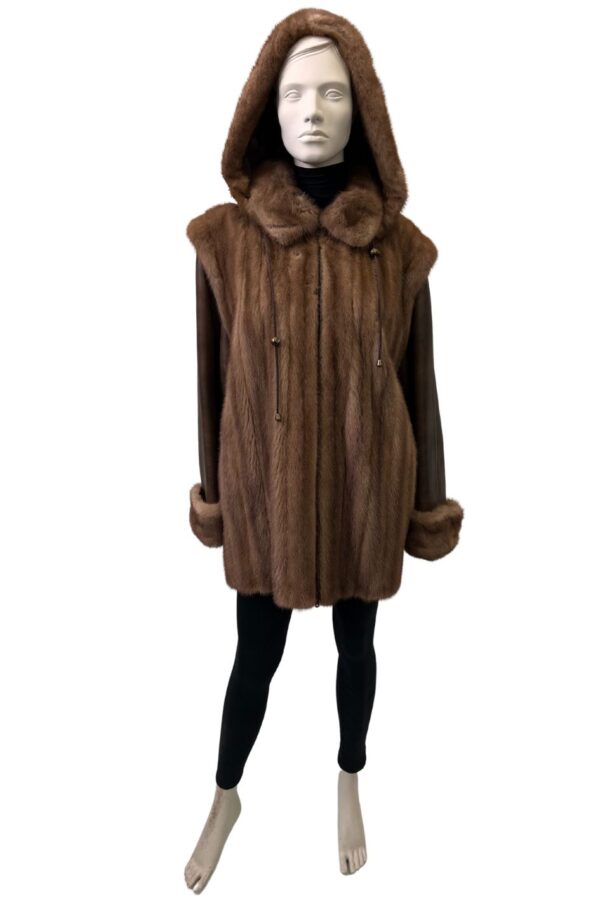 manteau 3/4 de vison pastel avec manches et capuchon en cuir 8486
