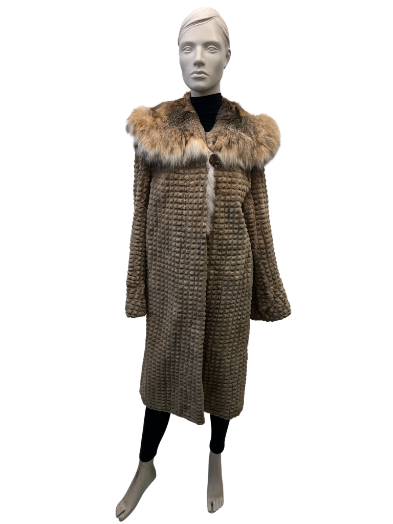 manteau de vison beige texturé rasé et col de lynx 8554