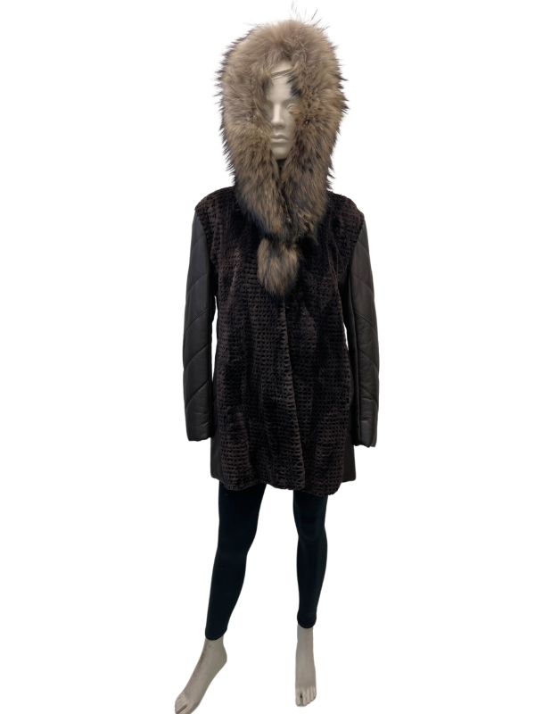 manteau de castor rasé brun et cuir et col de chat finlandais 8566