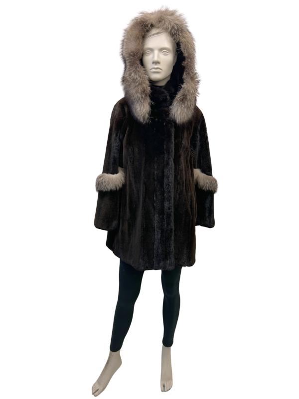 manteau de vison rasé garni long poil capuchon détachable 8611