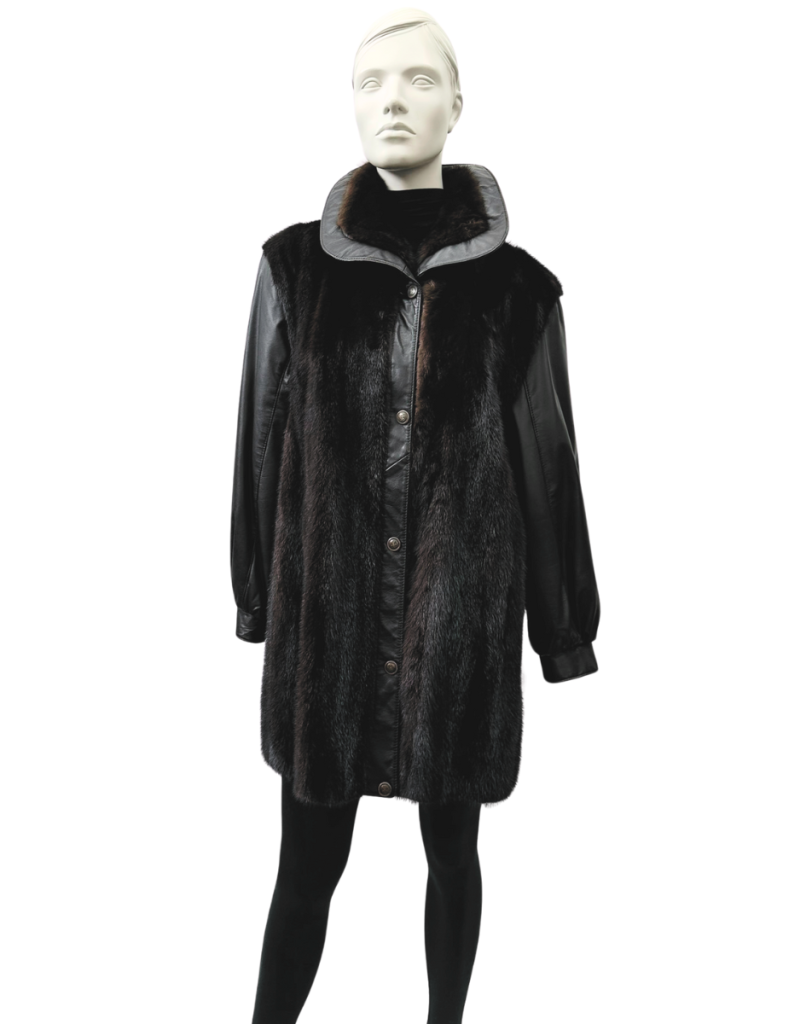 manteau de vison acajou et cuir brun 8673