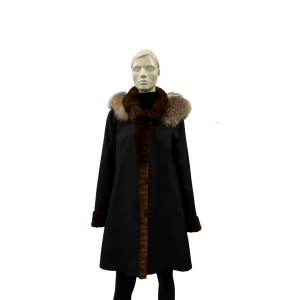 Manteau réversible noir et vison brun texturé et capuchon de renard - 8805
