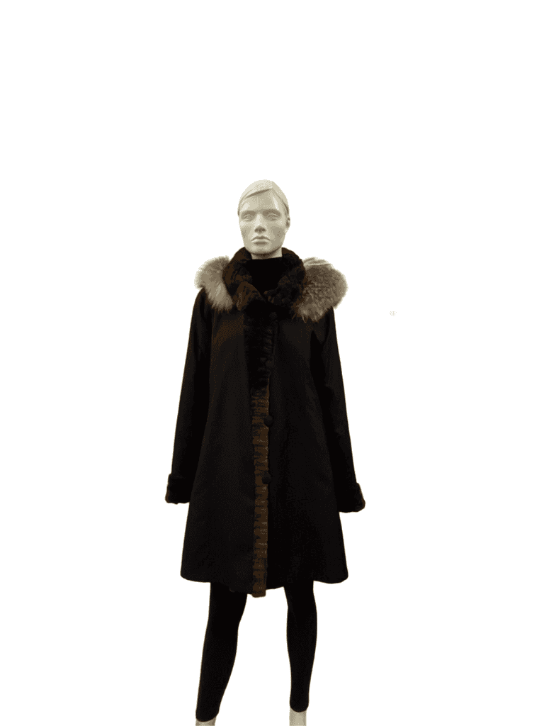 Manteau réversible noir et vison brun texturé et capuchon de renard - 8805