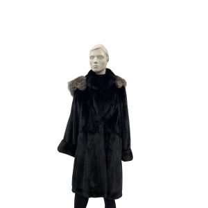 Manteau de vison femelle naturel noir et capuchon de renard - 8819