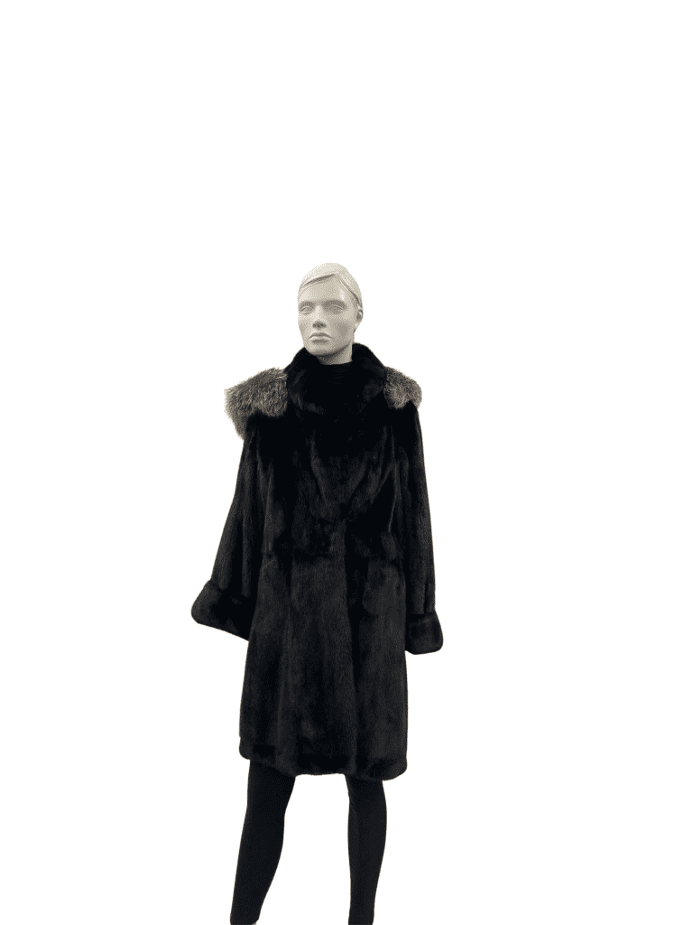 Manteau de vison femelle naturel noir et capuchon de renard - 8819